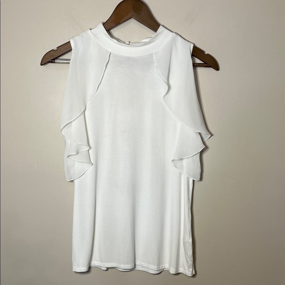 Cable & Gauge Womens White Sleeveless Mock Neck Ruffle Blouse Top Petite Large